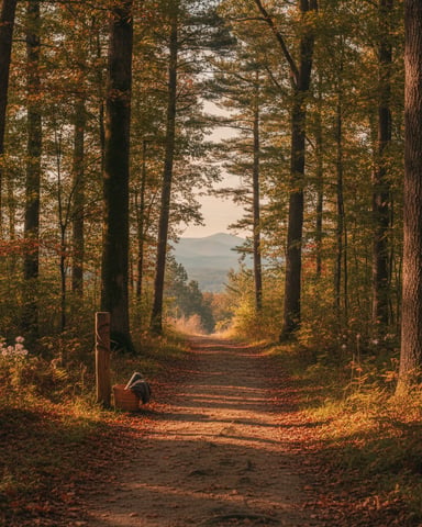 Autumn forest path lined with tall trees, fallen leaves covering ground, distant mountain view through trees
