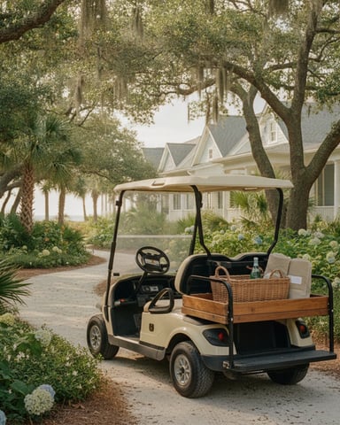 Golf cart with picnic basket parked on tree-lined driveway in front of white farmhouse with blue hydrangeas