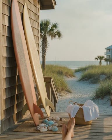 Wooden beach house deck with surfboards, towels, and shells overlooking sand dunes and ocean