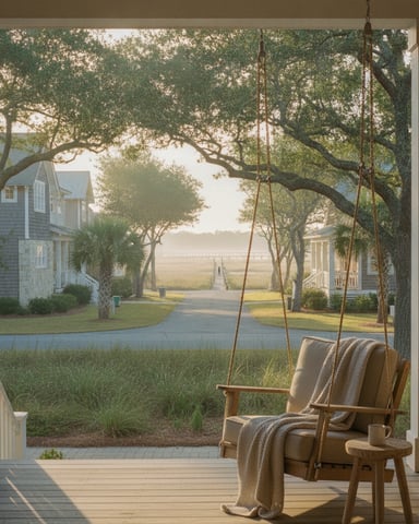 Rope swing and wooden chair on covered porch overlooking tree-lined street with coastal homes and water view