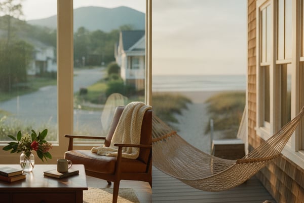 Coastal home interior with mid-century chair, hammock, and ocean view through large windows