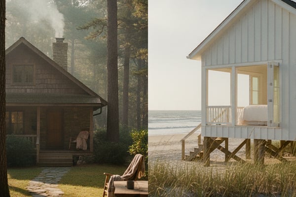 Two vacation cottages: left shows dark wood forest cabin with chimney and Adirondack chairs; right shows white beach house on stilts with ocean view.