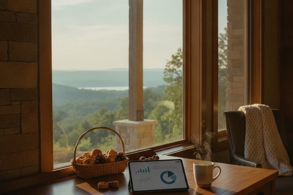 Wooden desk with tablet, notebook, and basket of pastries overlooking forested valley and distant lake